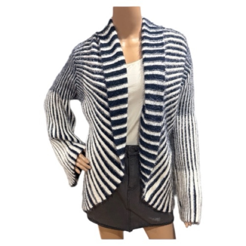 Love Navy White Striped Fuzzy Cardigan Small Preppy Nautical Cozy Knit